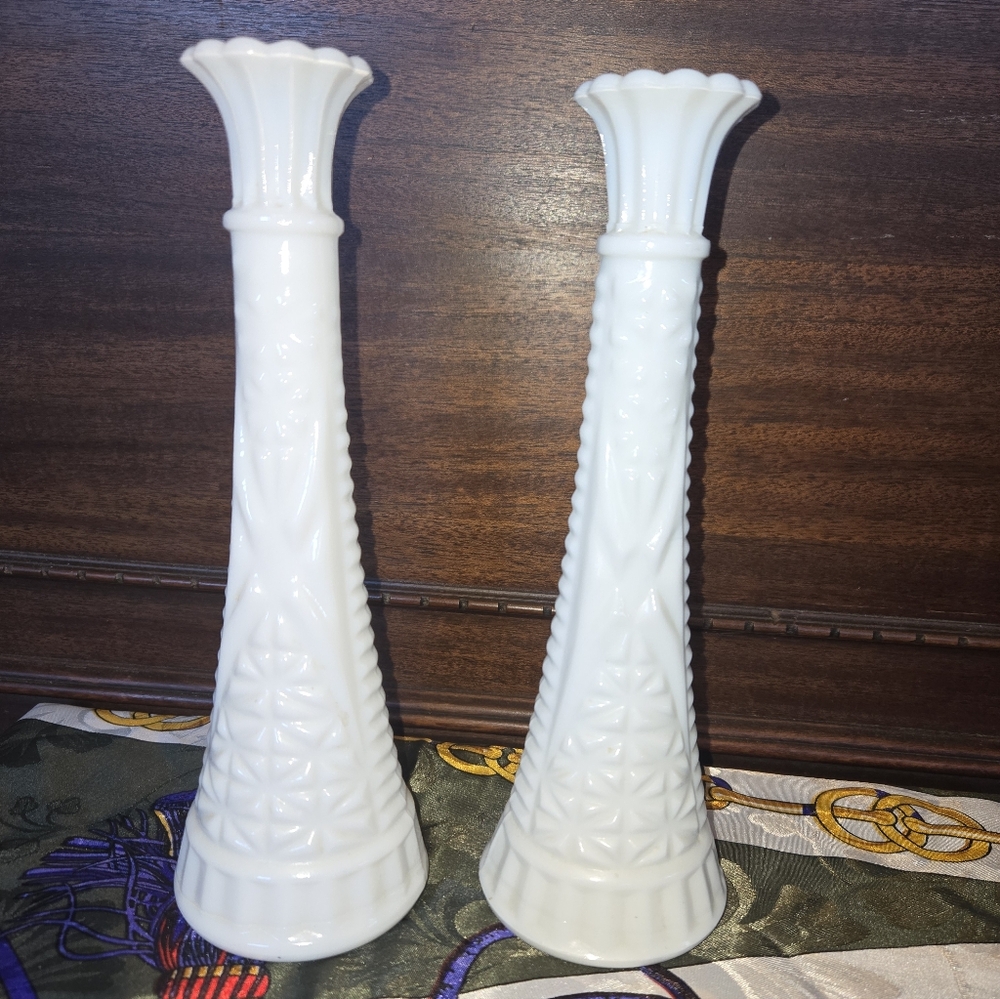Set Of Two 9 Inch Tall Milk Glass Vases